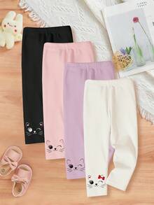 SHEIN Playful Pals 4件組女童卡通圖案鬆緊腰緊身褲，嬰兒下身套裝，紫色，夏季體操褲，秋季打底褲 - 彩色 - 查看 4