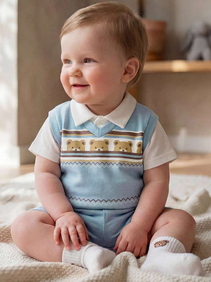 Cozy Pixies Conjunto de 3 piezas para bebé niño con camisa de cuello polo con estampado de animales de dibujos animados, chaleco sin mangas y pantalones cortos de cintura elástica - Azul - Ver 1