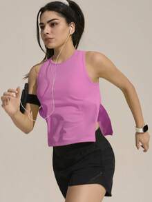 Exploreva Women's New Outdoor Sports Sleeveless Neon Yellow-Green Split Hem Tank Top - Pink - View 3