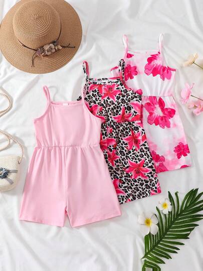 SHEIN Elladie kids Bộ 3 món cho bé gái mùa hè 2025, áo liền quần in hoa màu trơn, kiểu dáng tối giản, đa năng, thời trang, thích hợp cho kỳ nghỉ.