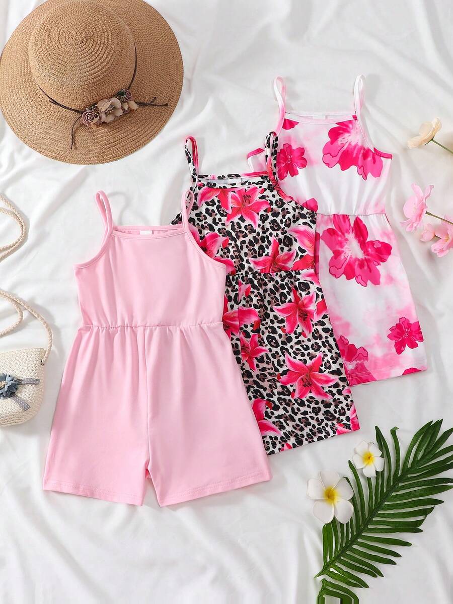 SHEIN Elladie kids 3件組女童夏季嬰兒粉色白色花卉印花純色連身褲,度假海灘時尚連身衣套裝 - 彩色 - 查看 1