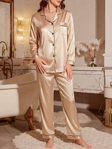 Contrast Piping Satin Pajama Set, Fall Winter Clothes Cozy And Elegant Details - Champagne - View 4