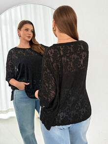 Shapeblank Top Preta Transparente de Manga Curta Básica, Versátil, Confortável e Folgada para Uso Diário, Ideal para Mulheres Plus Size em Looks Casuais de Primavera/Verão, Saídas e Férias, Estilo Simples - Preto - Visão 3