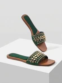 MOTF PREMIUM SQUARE TOE CONTRASTING COLOR FASHION RIVETS INLAID DAILY TRAVEL LEISURE COMMUTER VACATION STYLE SPRING AND SUMMER FLAT BOTTOM SLIPPERS SUMMER SHOES - velvet green - View 2