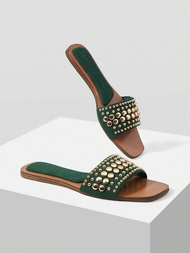 SQUARE TOE CONTRASTING COLOR FASHION RIVETS INLAID DAILY TRAVEL LEISURE COMMUTER VACATION STYLE SPRING AND SUMMER FLAT BOTTOM COOL SLIPPERS