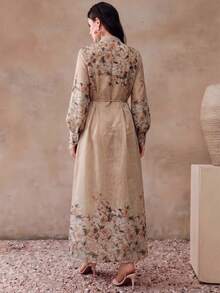 Anewsta Women's Floral Placed Print Chiffon Dress, French Style Maxi Women Outfit - Coffee - View 2