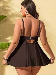 SHEIN Swim Curve 大码女式两件套纯色吊带钢圈收腹休闲度假比基尼泳装套装 - 棕色 - 查看 2