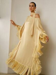 ZEYLAH Loose Flowy Fringed Dress With Asymmetric-Shoulder Sash, Spring - Champagne - View 7