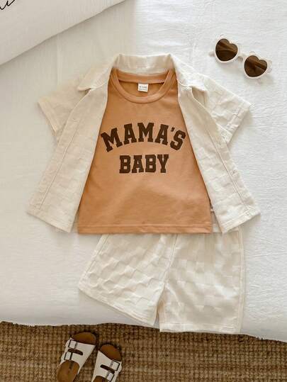 SHEIN 3pcs/Set Unisex Baby Boy/Girl Casual Cute Plaid Short Sleeve Shirt, Shorts, And Khaki Short Sleeve Knit Top Outfit Set, Baby Boy Vacation Skirt Set, Outfit Sets Outfit For Baby Boy Mamas Baby Outfit Baby Clothes Outfit Set Baby Summer Clothes,Mothers Day Outfit,Squishy,Vintage