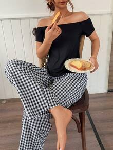 Napfluff Bộ đồ ngủ 2 mảnh nữ tay ngắn trễ vai, họa tiết kẻ caro cổ điển, kiểu dáng thường ngày. - Nhiều màu - Xem 5