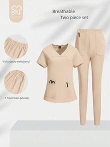 TaskEZ Solid Color Short Sleeve Pocket Top And Pants Scrub Uniform Set - Apricot - View 2
