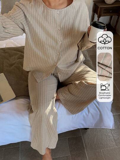 Dazy Plus 两件套休闲条纹宽松长袖上衣和长裤睡衣套装，粉色，春夏款