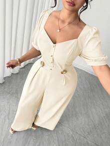 Elenzga Bộ jumpsuit dáng rộng, thanh lịch, cổ vuông, tay ngắn, cài cúc kim loại, thích hợp cho mùa xuân/hè, đi học, nghỉ lễ, tốt nghiệp, Ngày lễ tình nhân, Giáng sinh, lễ hội âm nhạc, Ngày của Mẹ, Halloween, Lễ Tạ ơn, Lễ Phục sinh, Ngày Quốc khánh, dạ hội, tiệc hẹn hò, mùa cưới, dã ngoại. - Màu be - Xem 6
