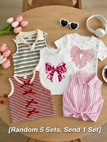 Emery Rose Kids 女童白色背心，饰有粉色蝴蝶结和花卉印花，可爱款式 - 彩色 - 查看 7