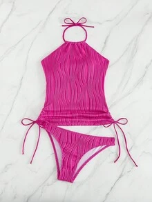 Swim Lushoire Women's Solid Color Drawstring Textured Fabric Spaghetti Strap Backless Vacation Camisole Bikini Top - Hot Pink - View 4