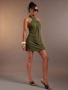Hauture Women's Sexy Abstract Animal Skin Zebra Brown Print Linen Cross Halter Mini Dress - Green - View 6