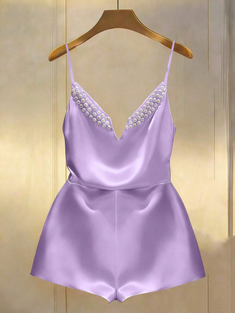 GlowEve Romper Satin Wanita Leher V - Mauve Purple - View 1