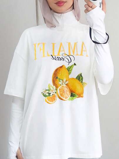 Mulvari 新款复古美式设计小众柠檬图案宽松短袖T恤