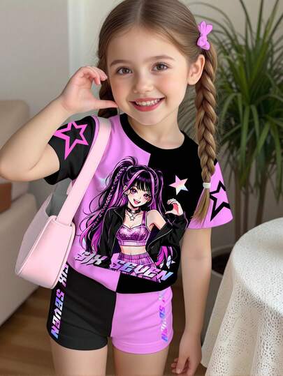 2 peças/Conjunto Menina Jovem Casual Numérico 67 Impressão de Desenho Violeta e Preto Retalhos Camiseta de Manga Curta Gola Redonda e Conjunto de Shorts, Adequado para o Verão