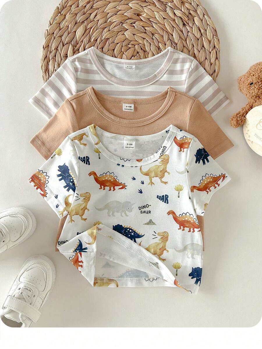 3pcs Baby Soft Knit Crew Neck Short Sleeve Tops Set For Baby Boy/Girl - Multicolor - View 1