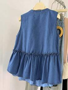 EMERY ROSE EMERY ROSE Plus Size Women Summer Casual Vacation Frill Trim Sleeveless Denim Blouse - Medium Wash - View 2