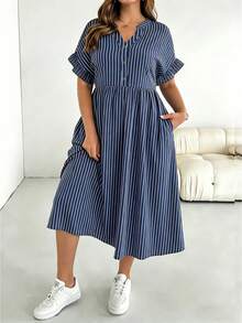 SHEIN Essnce Đầm nữ cỡ lớn kẻ sọc cổ chữ V tay ngắn kiểu dáng thường ngày - Nhiều màu - Xem 3