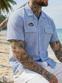 DAZY Men's Blue Striped Short Sleeve Shirt With Letter Embroidery, Summer - Blue - View 3