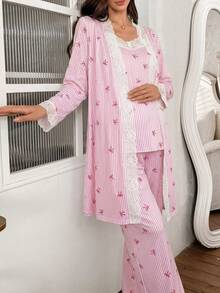 Moonlight&Mama Conjunto de pijama de maternidad con lazo a rayas y encaje en contraste, 3 piezas - Multicolor - Ver 3