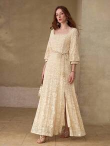 MOTF PREMIUM ELEGANT SPLIT HEM DRESS FOR WOMEN - Apricot - View 4