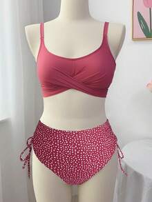 Swim Vcay 2026新款加大码玫红色可调节细肩带交叉绑带露背吊带背心泳衣上装和高腰三角泳裤套装，时尚显瘦，适合海滩和度假穿着。 - 玫紅色 - 查看 4