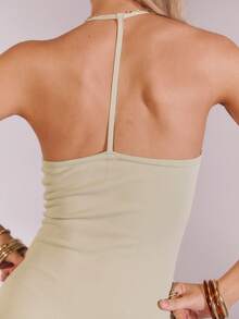 SHEIN Aralina-F Minimalist Ribbed Bodycon Halter Sleeveless Stretchy Vacation Going Out Mini Dresses For Women Dress - Green - View 6