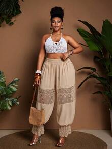 Maweii Plus Size Women Lace Patchwork Lantern Pants - Apricot - View 7