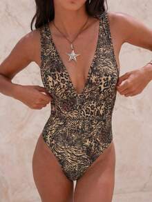 Swim Vcay 女士性感优雅印花拼接深V领U型露背连体泳衣 - 棕色 - 查看 3