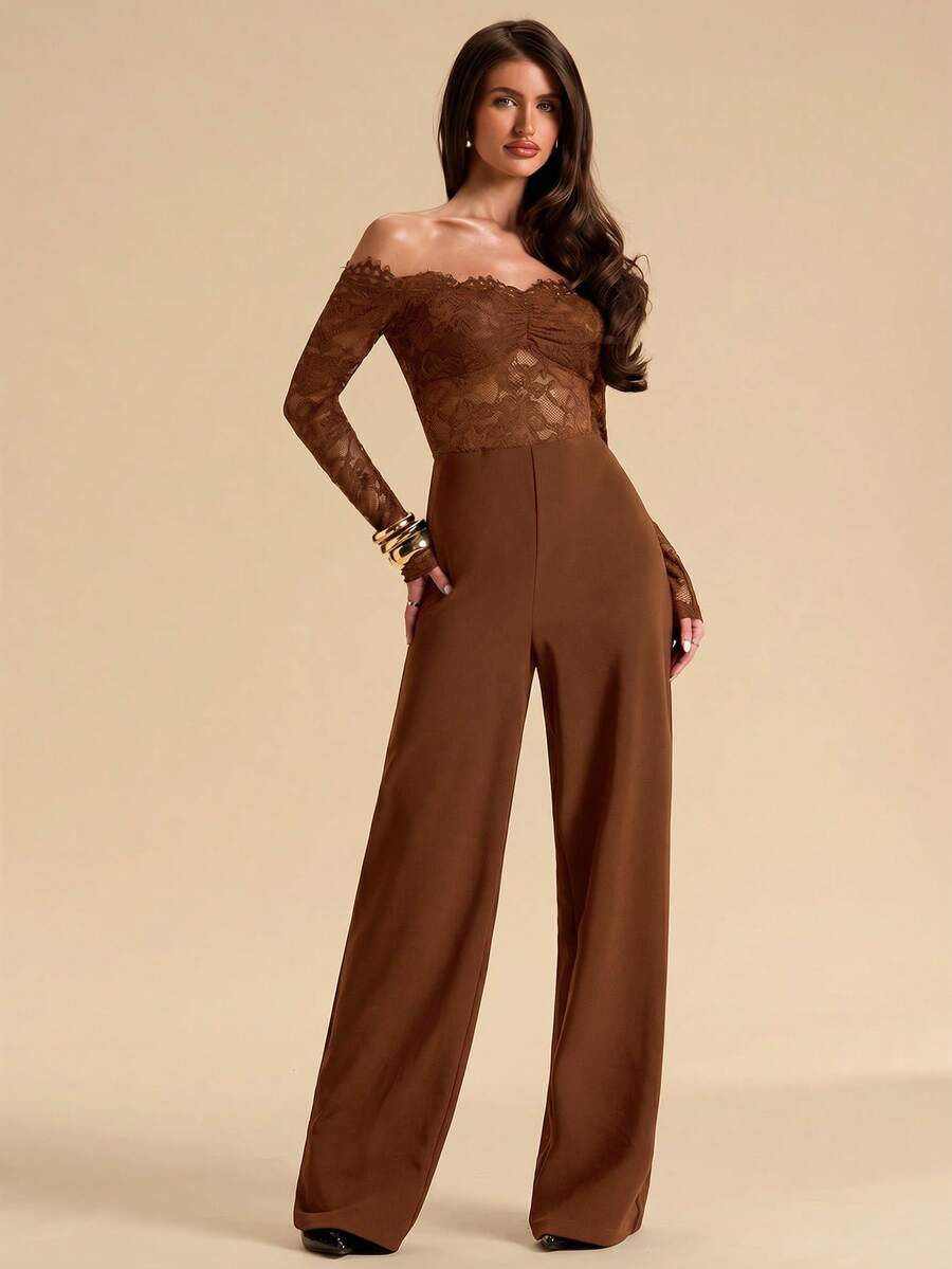 SHEIN BAE Combinaison sexy transparente à épaules dénudées en dentelle noire ajourée pour femmes, combinaison élégante pour dames, combinaison à jambes larges en dentelle - Tabac - Voir 1