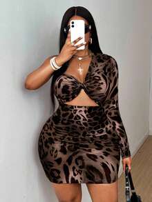 Maweii Plus Size Women Leopard Print Hollow Out Twist Mini Dress Fall - Brown - View 2