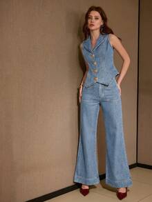 MOTF PREMIUM WOMEN'S DENIM METAL BUCKLE DECOR 2 PIECES SET, SPRING/SUMMER - Medium Wash - View 5