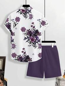 Manfinity RSRT 男士印花纽扣短袖衬衫和纯色短裤套装 - 彩色 - 查看 2