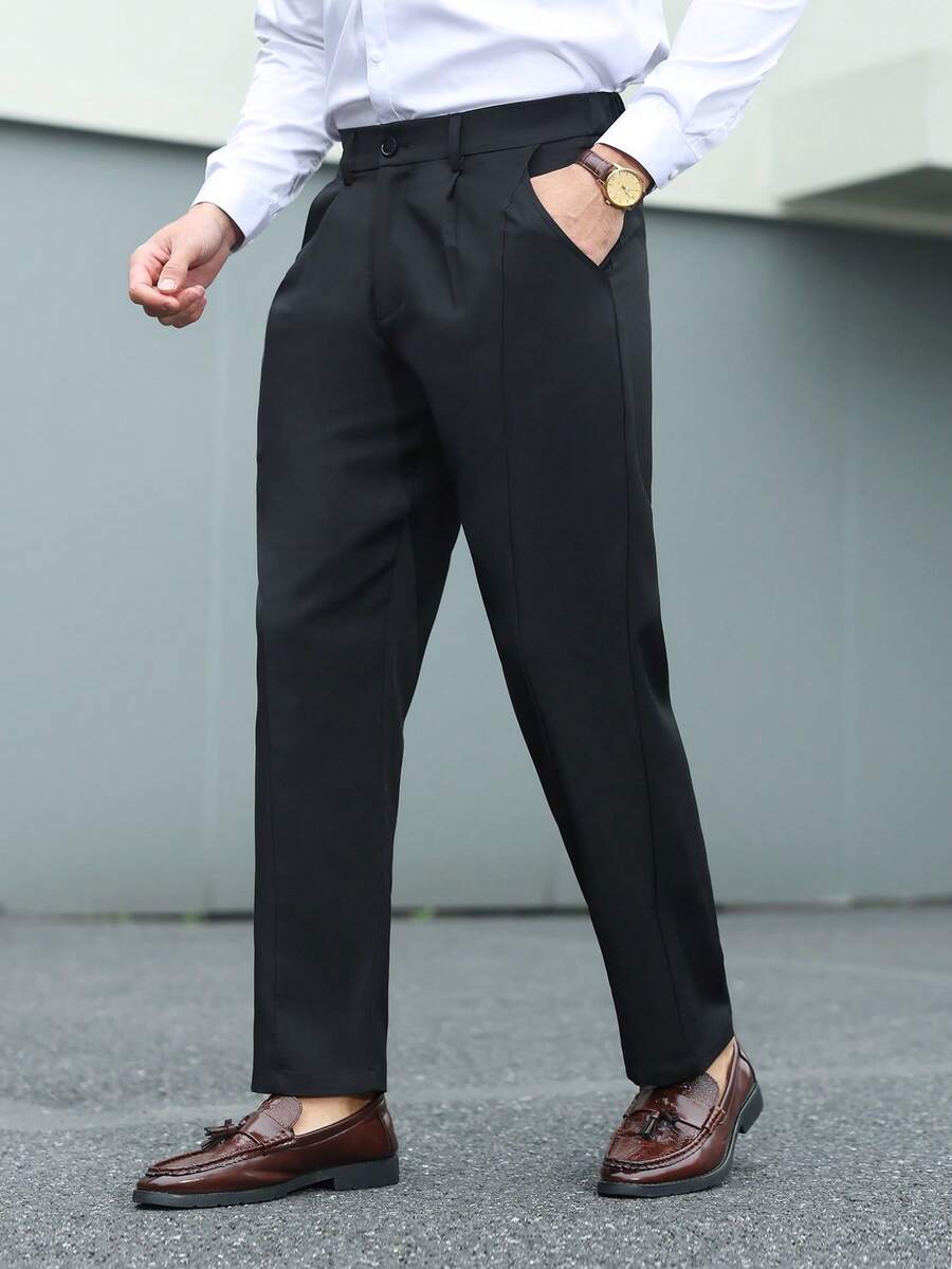 Manfinity Mode Men's Solid Color Pocket Casual Versatile Daily Wear Suit Pants - Black - View 1