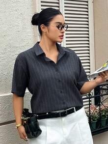 Dazy Plus Striped Loose Fit Short Sleeve Black Casual Shirt Summer - Navy Blue - View 4