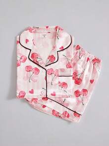 Set Piyama 2 Potong untuk Anak Perempuan Remaja, Motif Ceri Merah Muda dan Merah yang Lucu, Bahan Sutra Imitasi Satin, Kancing Depan, Pakaian Tidur Rumahan, Lembut - Berwarna merah muda - View 6
