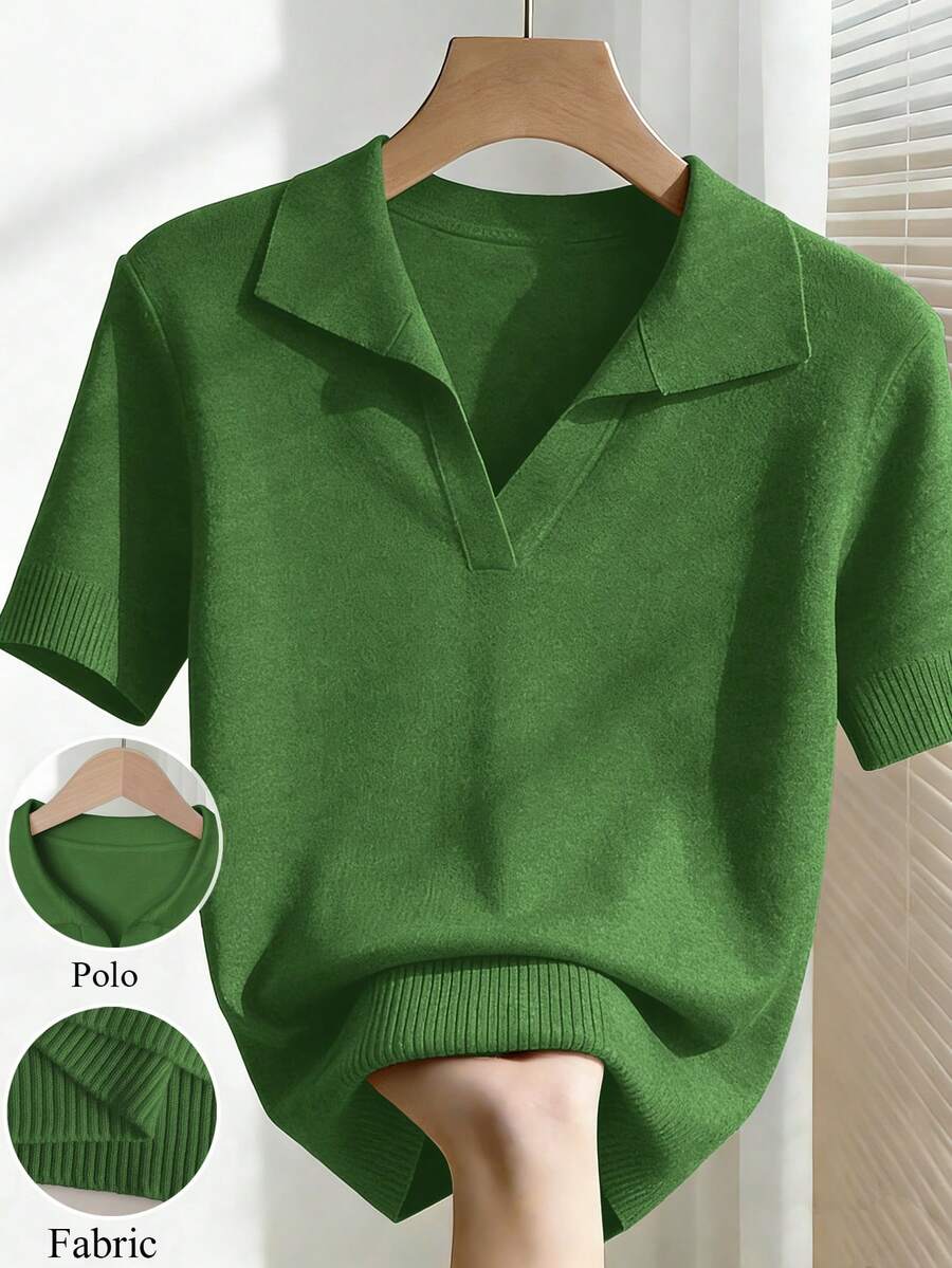 Franclia Women's Simple Solid Color Turndown Collar Short Sleeve Casual Fitted Knit Top, Versatile For Spring/Summer - Army Green - View 1
