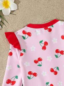 Baby Girls' Colorful Purple & Pink Cute Floral Ruffled Long Sleeve One-Piece Swimsuit With Hat, Stretchy & Comfortable For Summer Swimming - Multicolor - View 4