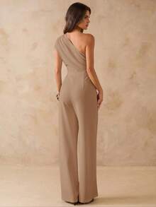 SHEIN BAE Bộ jumpsuit đen dáng ôm, ống rộng, vai lệch, ôm sát dành cho nữ, trang phục thanh lịch để đi chơi hàng ngày, hẹn hò, dự tiệc, gặp gỡ bạn bè. - Màu Khaki - Xem 2