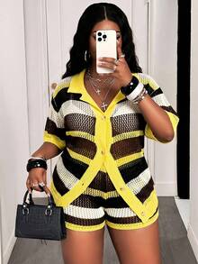 Slaydiva New Loose Shirtcollar Open Front Short Sleeve Shorts Striped Colorblock Plus Size Women 2pcs Summer Knitted Casual Vacation Suit Set-A In Fall/Winter - Yellow - View 2