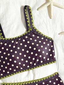 SHEIN Set Baju Renang Motif Polkadot untuk Anak Perempuan Remaja, Hiasan Ruffle Bunga Hijau, Cocok untuk Pantai, Liburan, Aktivitas Luar Ruangan, Musim Panas - MultiWarna - View 3