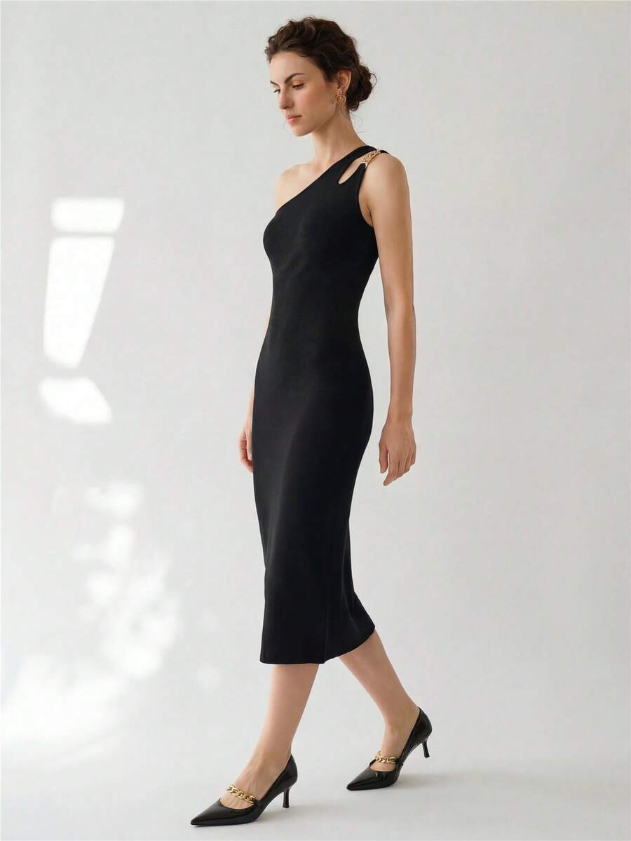 Uhlyne Đầm midi đan vai xích kim loại cho nữ - màu đen - Xem 1