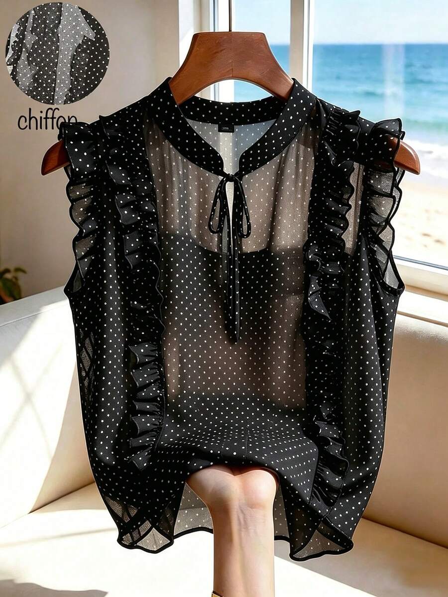 SHEIN Franclia 女士波点雪纺无袖系带度假衬衫 - 黑色 - 查看 1