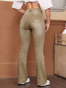 SHEIN EZwear 女士高腰口袋休闲百搭喇叭牛仔裤 - 卡其色 - 查看 2