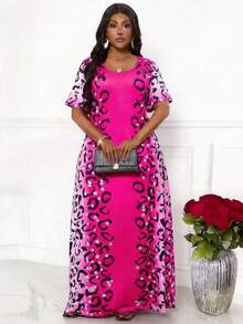Villa Velisse Plus Size Fashionable Printed Round Neck Short Sleeve Dress - Hot Pink - View 4