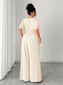 Elenzga Bộ jumpsuit dáng rộng, thanh lịch, cổ vuông, tay ngắn, cài cúc kim loại, thích hợp cho mùa xuân/hè, đi học, nghỉ lễ, tốt nghiệp, Ngày lễ tình nhân, Giáng sinh, lễ hội âm nhạc, Ngày của Mẹ, Halloween, Lễ Tạ ơn, Lễ Phục sinh, Ngày Quốc khánh, dạ hội, tiệc hẹn hò, mùa cưới, dã ngoại. - Màu be - Xem 3